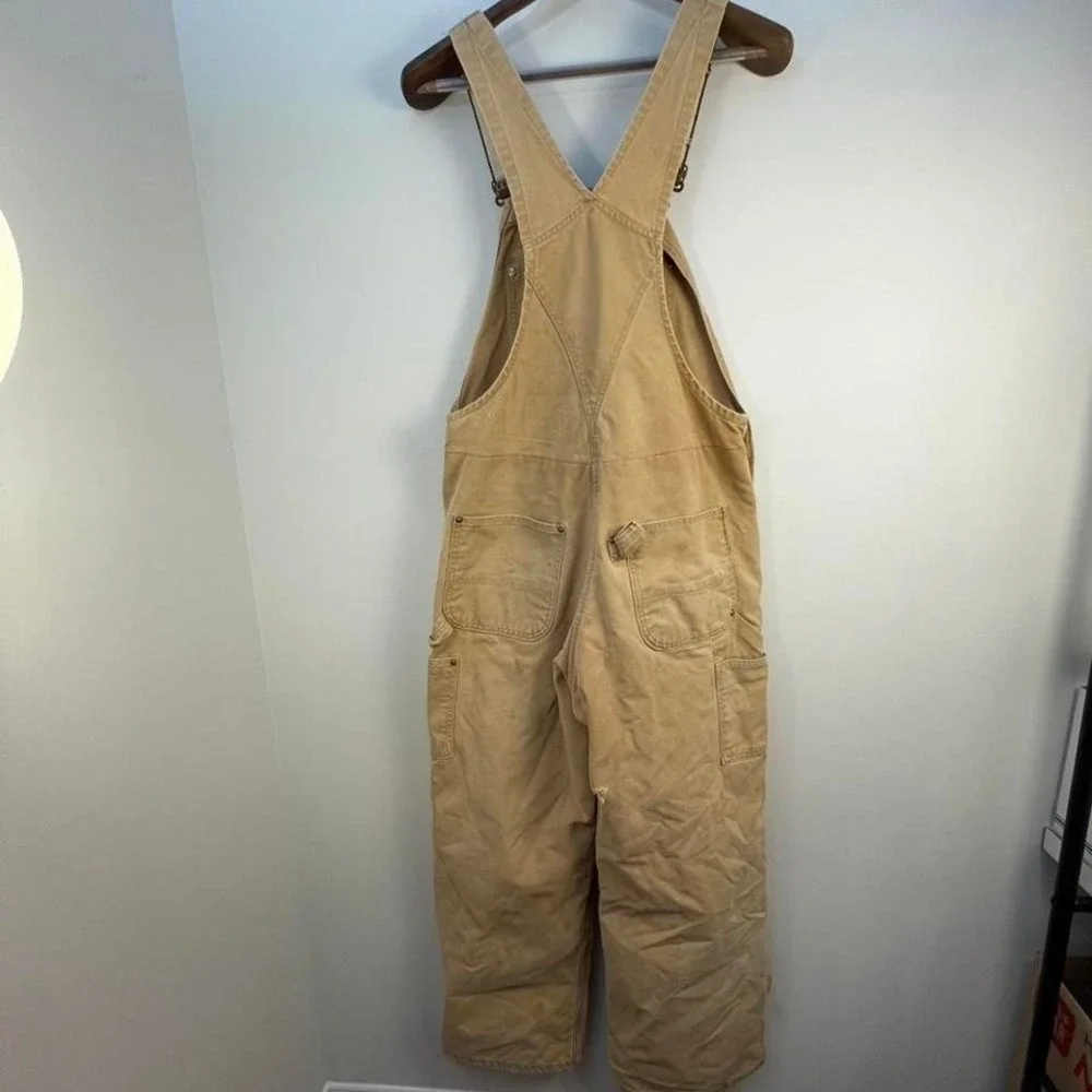 Carhartt red lined bib overalls vtg thrashed 36x29 double knee duck canvas work - Picture 3 of 6